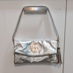 Tory Burch Soft Leather Reva Metallic Silver Clutch Shoulder Bag